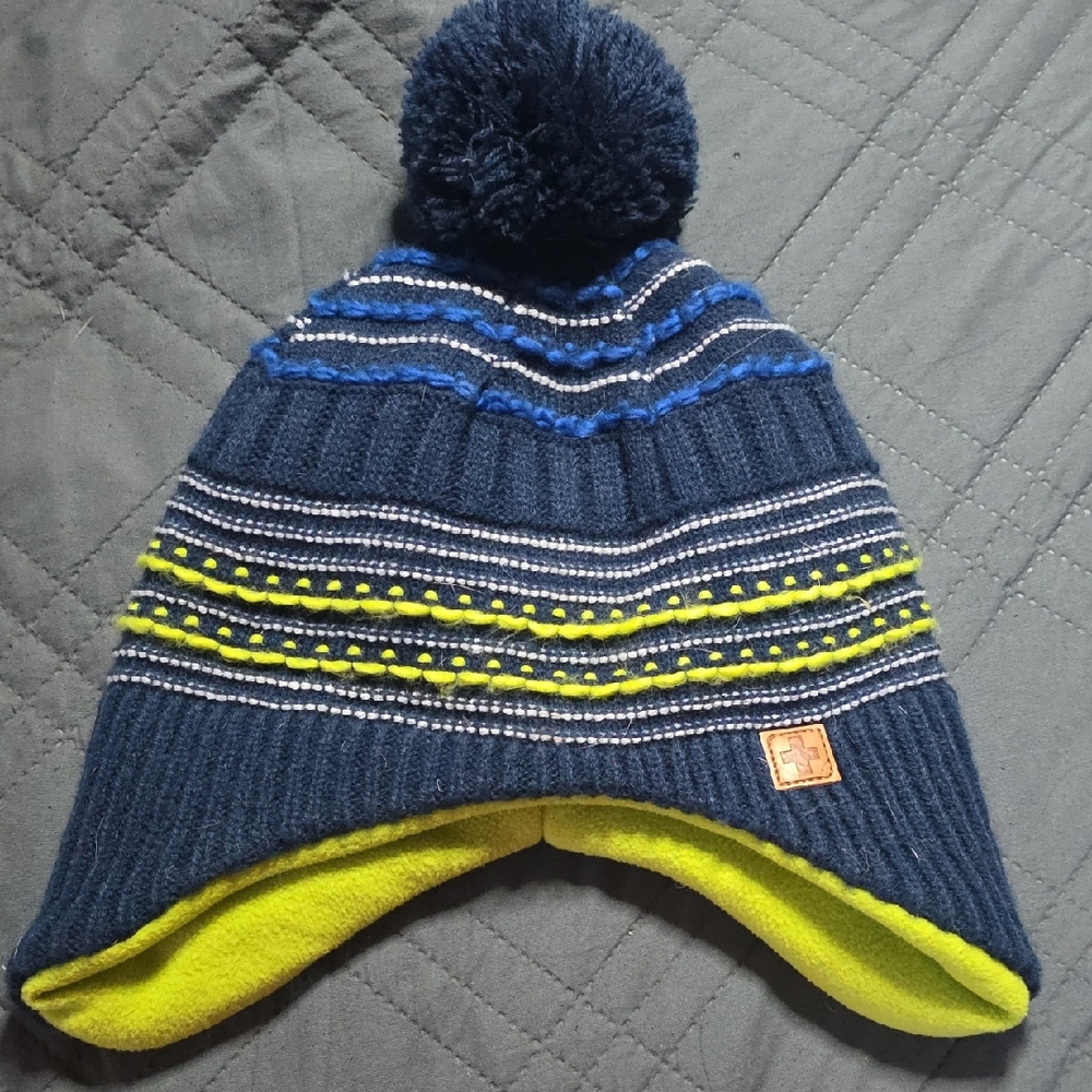 Swiss Tech Kids Blue and Lime Pom-Pom Hat